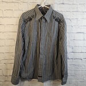 Fender Custom Shop Shirt Mens XL Gray Striped Embroidered Long Sleeve Rock